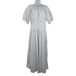 J. Crew Puff Sleeve Smocked Waist White and Blue Midi Dress Large TALL